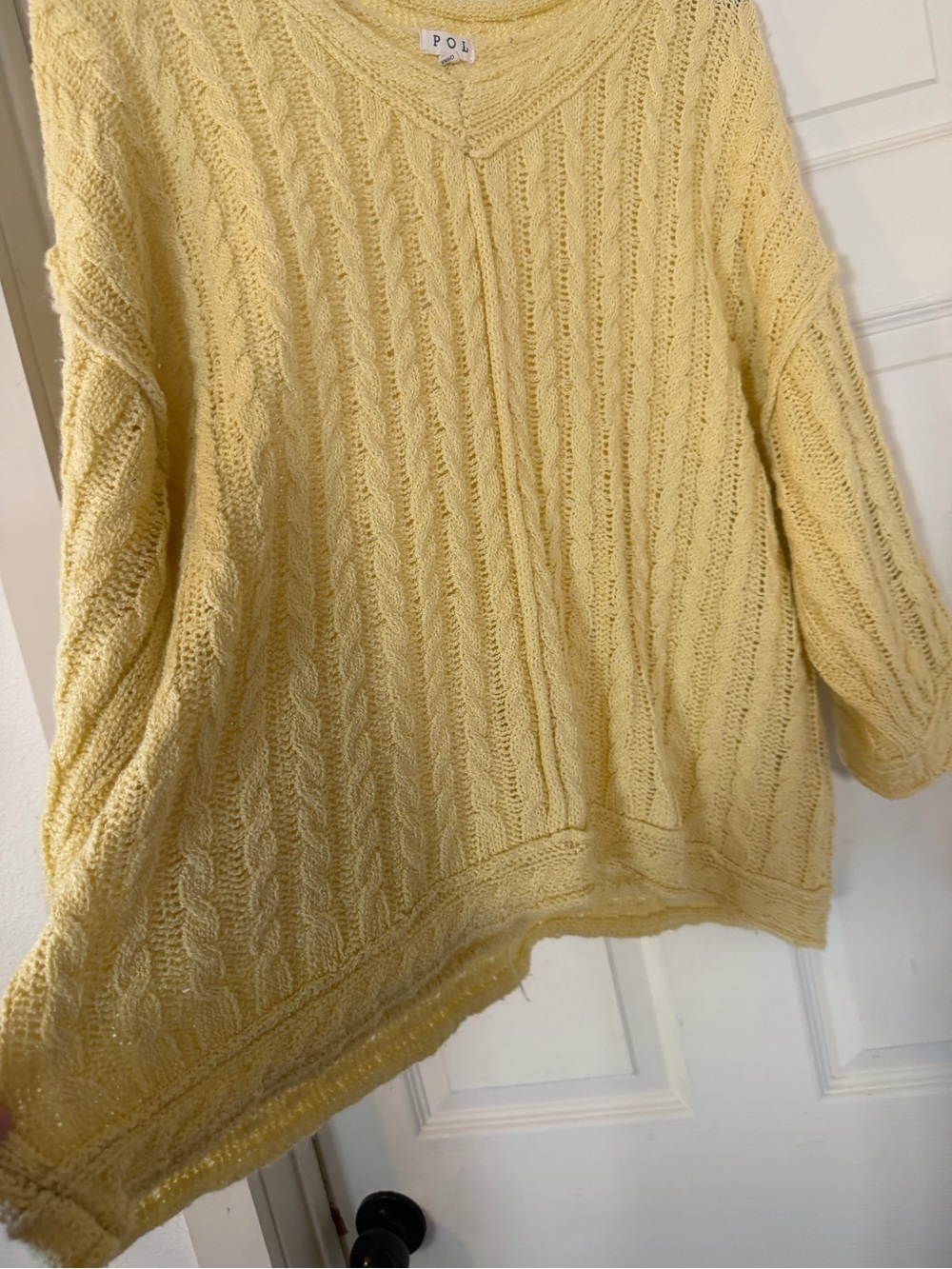 POL Soft Cable V-Neck Knit Sweater - Yellow oversized sz Small - Picture 3 of 9
